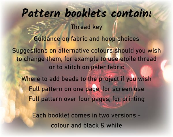 Baubles and Fairy Lights cross stitch pattern. 

Pattern booklets contain:
Thread key
Guidance on fabric and hoop choices
Suggestions on alternative colours should you wish to change them, for example to use etoile thread or to stitch on paler fabric
Where to add beads to the project if you wish
Full pattern on one page, for screen use
Full pattern over four pages, for printing

Each booklet comes in two versions - colour and black & white