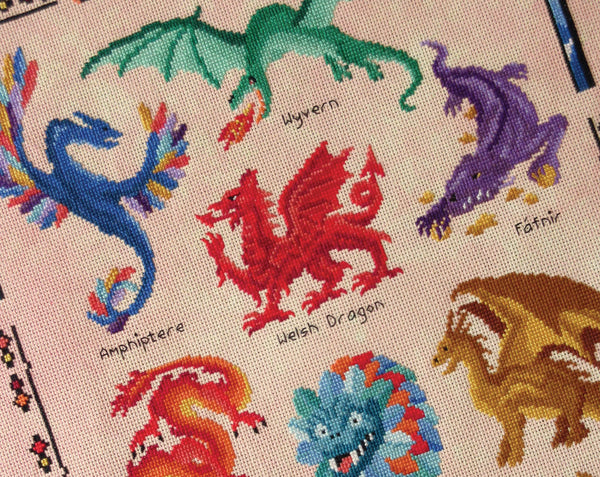 Dragons: A Field Guide cross stitch pattern. Close up of some of the dragons.