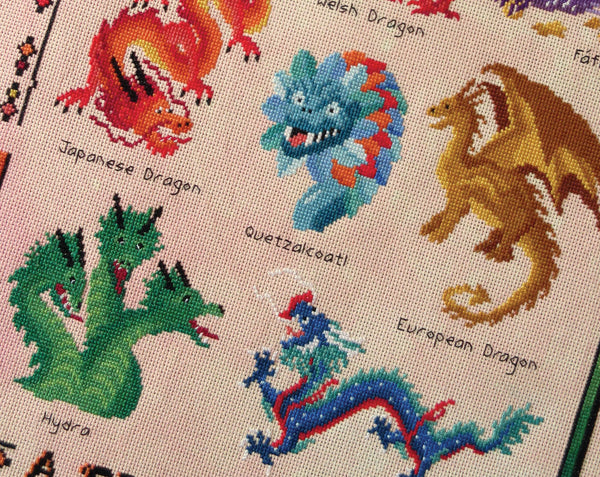 Dragons: A Field Guide cross stitch pattern. Close up of some of the dragons.