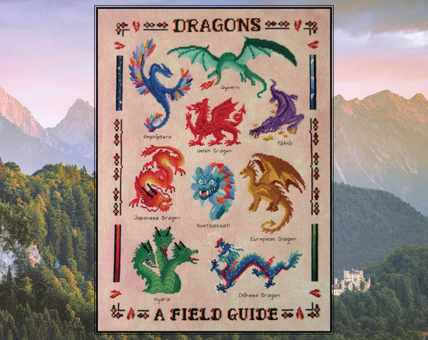 Dragons: A Field Guide cross stitch pattern. Picture of whole piece.