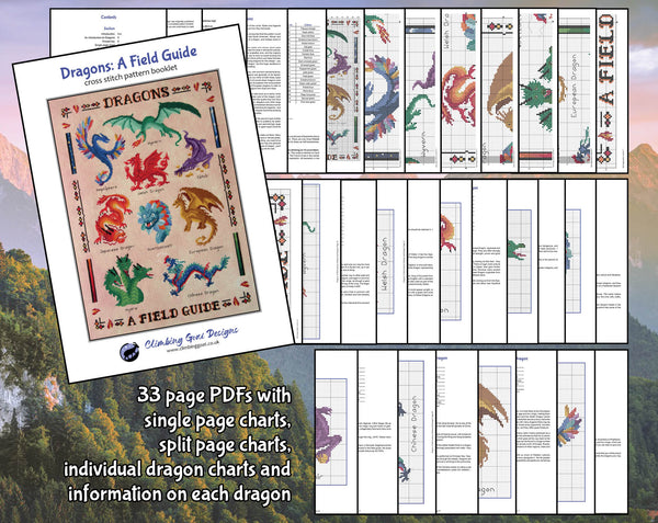 Dragons: A Field Guide cross stitch pattern. 33 page PDFs with single page charts, split page charts, individual dragon charts and information on each dragon.