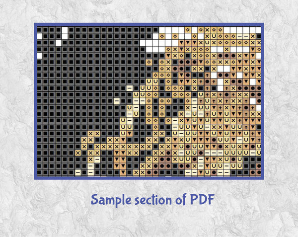 Female French Horn player cross stitch pattern. Sample section of PDF.