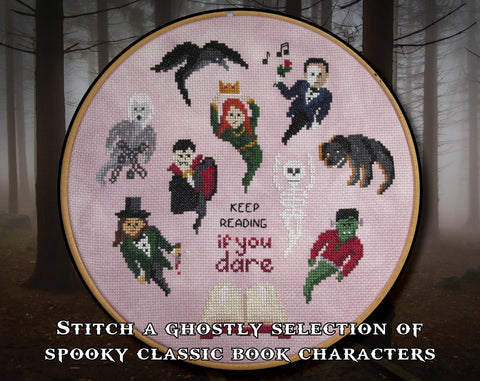 Halloween by the Book cross stitch pattern. Stitch a ghostly selection of spooky classic book characters.