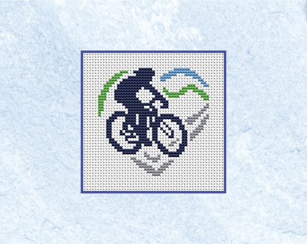 Mini Triathlon Hearts cross stitch patterns. Close up of cyclist pattern.