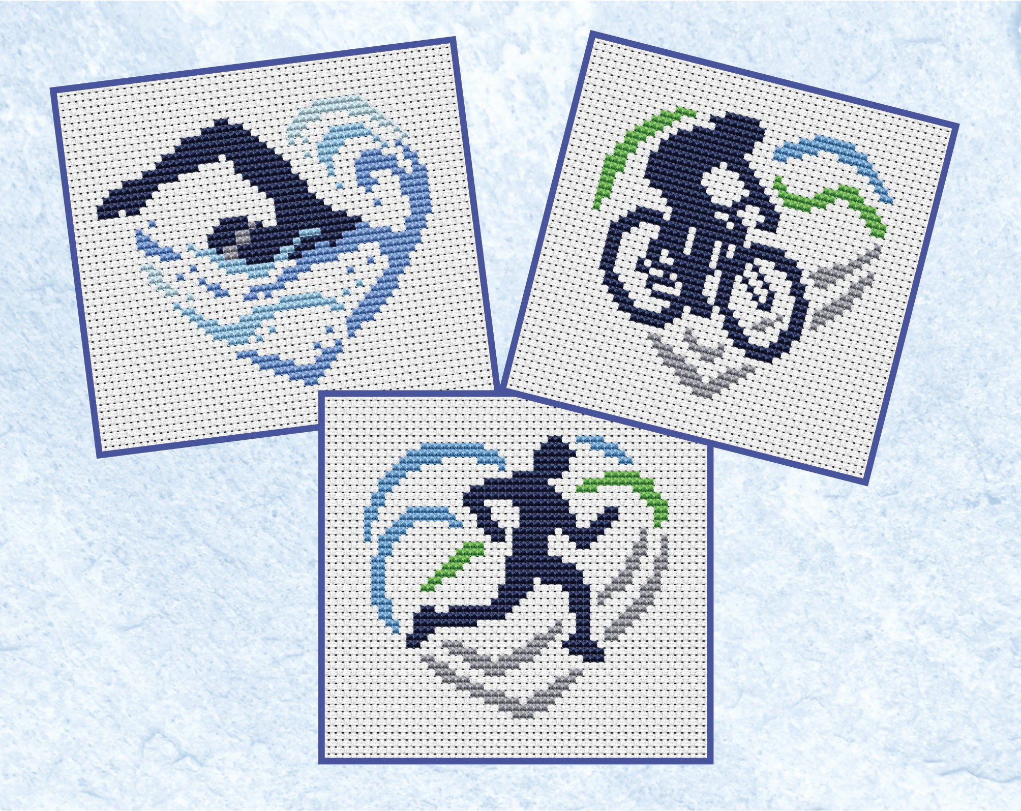 Mini Triathlon Hearts cross stitch patterns. Three mini patterns of a swimmer, cyclist and runner in heart shapes.