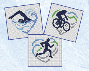 Mini Triathlon Hearts cross stitch patterns. Three mini patterns of a swimmer, cyclist and runner in heart shapes.