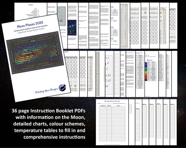 Moon Phases 2025 Temperature cross stitch pattern. 36 page Instruction Booklet PDFs with information on the Moon, detailed charts, colour schemes, temperature tables to fill in and comprehensive instructions