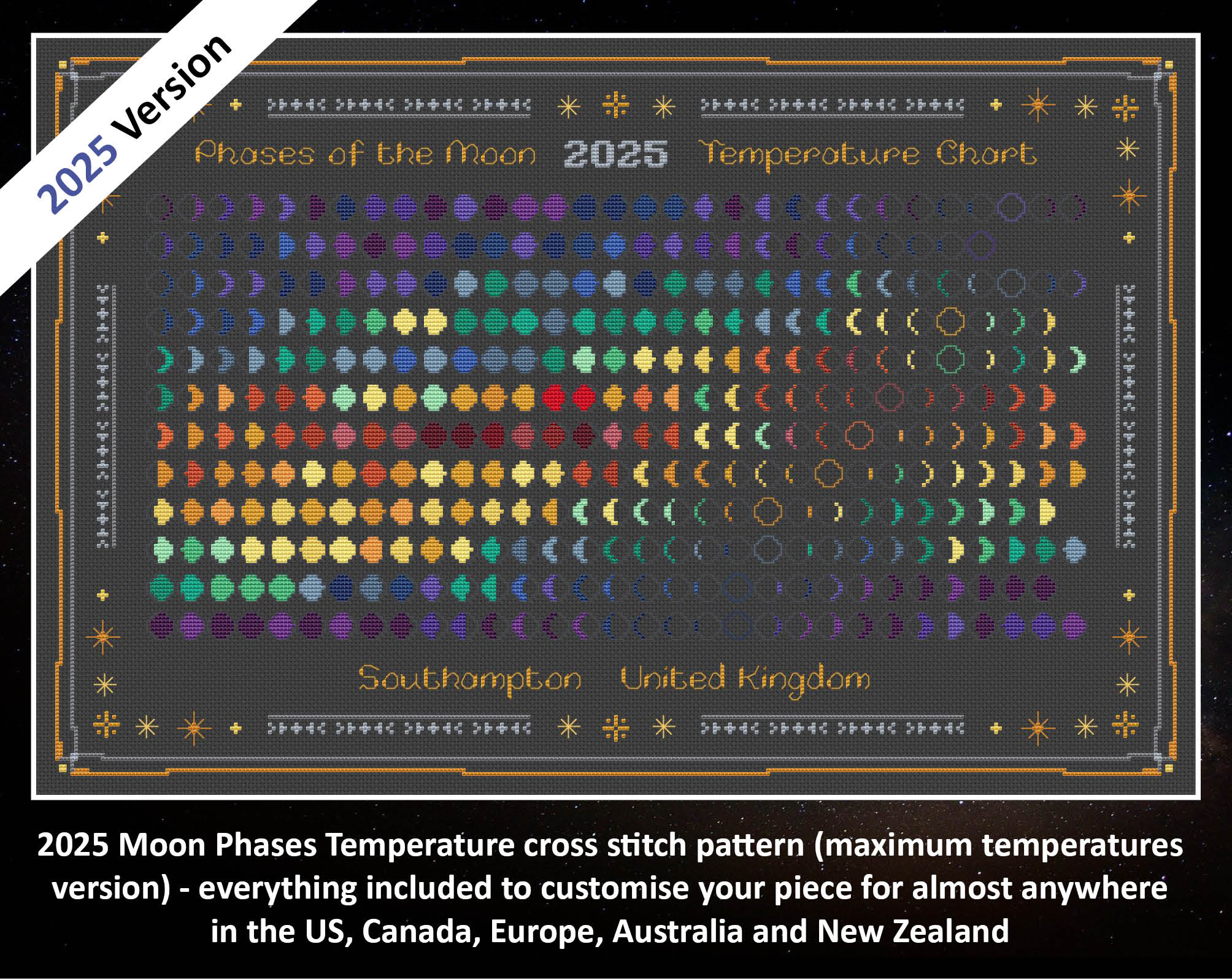 2025 Moon Phases Temperature cross stitch pattern (maximum temperatures version) - everything included to customise your piece for almost anywhere in the US, Canada, Europe, Australia and New Zealand. Image shows colouful moon phase design on black fabric.