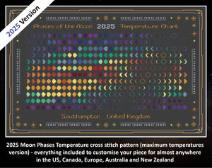 2025 Moon Phases Temperature cross stitch pattern (maximum temperatures version) - everything included to customise your piece for almost anywhere in the US, Canada, Europe, Australia and New Zealand. Image shows colouful moon phase design on black fabric.