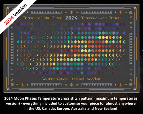 2024 Moon Phases Temperature cross stitch pattern (maximum temperatures version) - everything included to customise your piece for almost anywhere in the US, Canada, Europe, Australia and New Zealand. Image shows colouful moon phase design on black fabric.