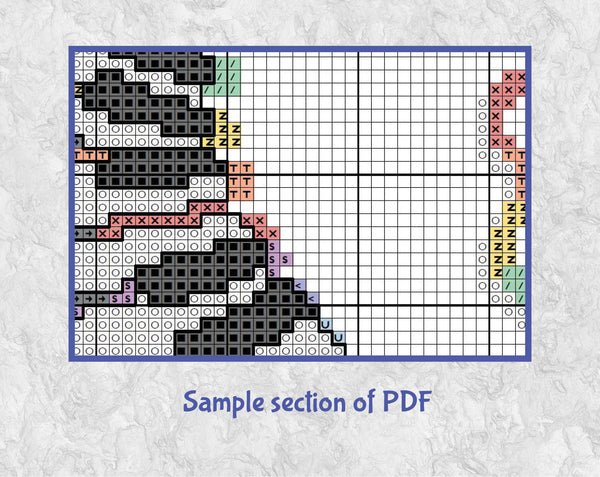 Piano Heart cross stitch pattern. Heart shape formed fromo a keyboard, music notes, music book and treble and bass clefs. Sample section of PDF.