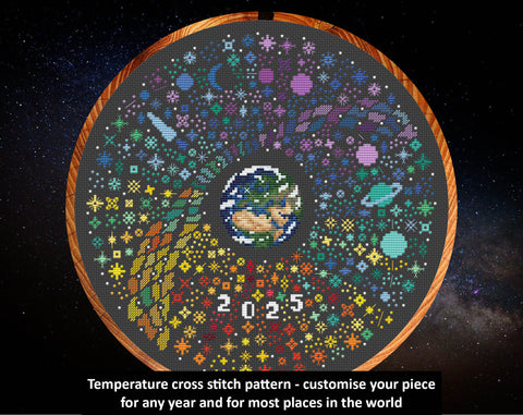 Rainbow Temperature Night Sky cross stitch pattern. Customise your piece for any year and for most places in the world.