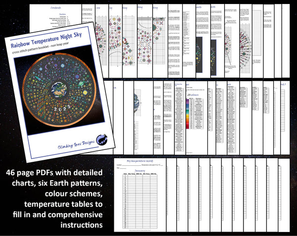 46 page PDFs with detailed charts, six Earth patterns, colour schemes, temperature tables to fill in and comprehensive instructions