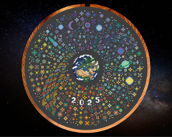 Rainbow Temperature Night Sky cross stitch pattern - maximum and minimum temperatures version. Shown in 11 inch hoop on black fabric.