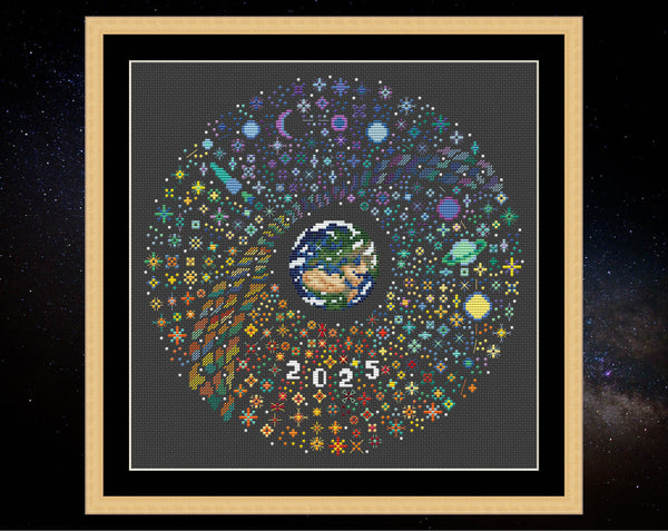 Rainbow Temperature Night Sky cross stitch pattern - maximum and minimum temperatures version. Shown in frame on black fabric.