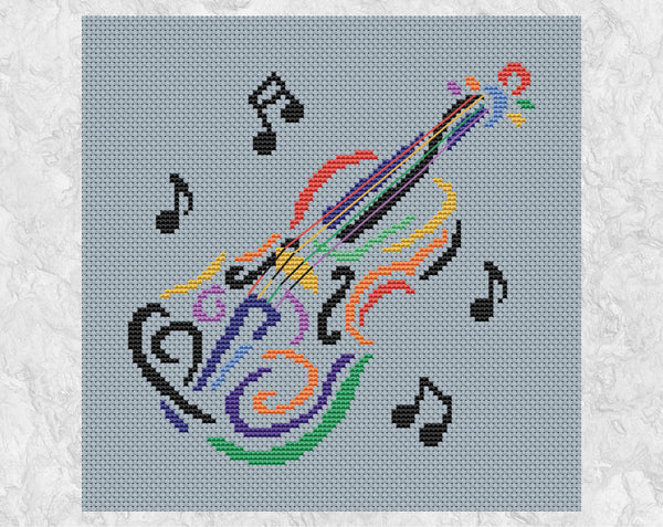 Rainbow Violin cross stitch pattern. Silhouette of a violin in rainbow colours, with black musical notes around it. Shown without frame.