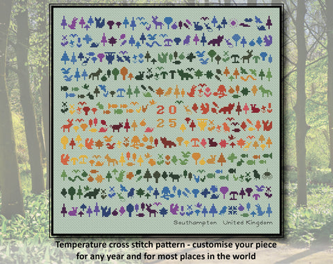 Temperature Forest Friends cross stitch pattern - maximum temperatures version. Customise your piece for any year and for most places in the world.