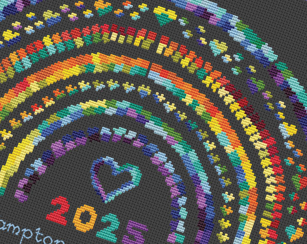 Temperature Rainbow - maximum and minimum temperatures version. Close up of design on black fabric.