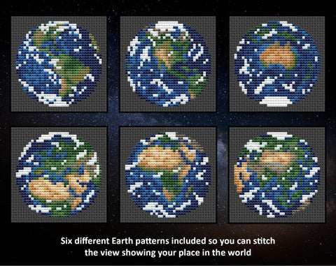 Views of our Planet Earth cross stitch patterns. Six different Earth patterns included so you can stitch the view showing your place in the world.