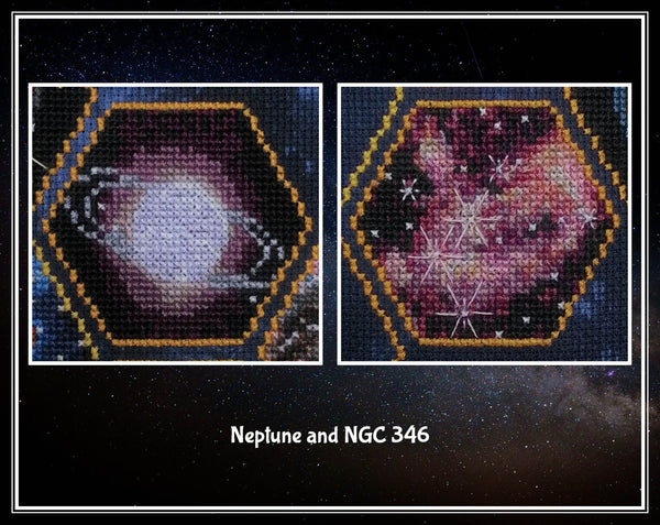 Wonders of the James Webb Space Telescope cross stitch pattern. Close up of images of Neptune and NGC 346.