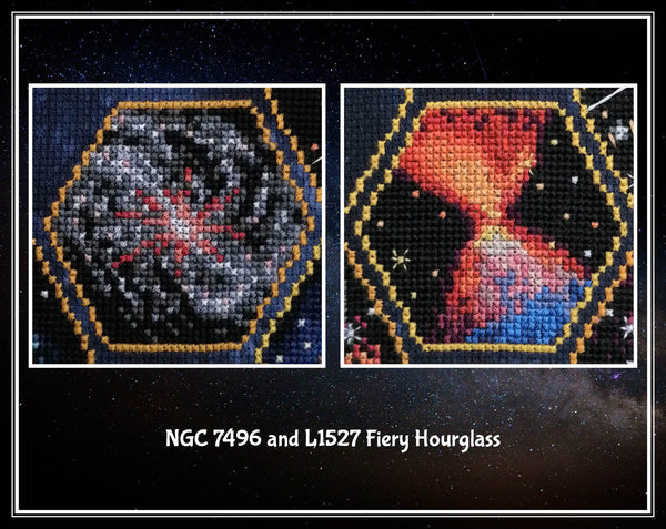 Wonders of the James Webb Space Telescope cross stitch pattern. Close up of images of NGC 7496 and L1527 Fiery Hourglass.