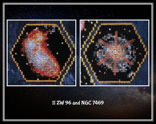 Wonders of the James Webb Space Telescope cross stitch pattern. Close up of images of II ZW 96 and NGC 7496.