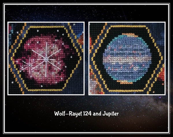 Wonders of the James Webb Space Telescope cross stitch pattern. Close up of images of Wolf-Rayet 124 and Jupiter.