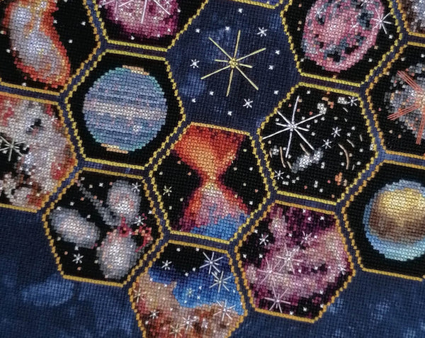 Wonders of the James Webb Space Telescope cross stitch pattern. Close up of lower part of whole piece.