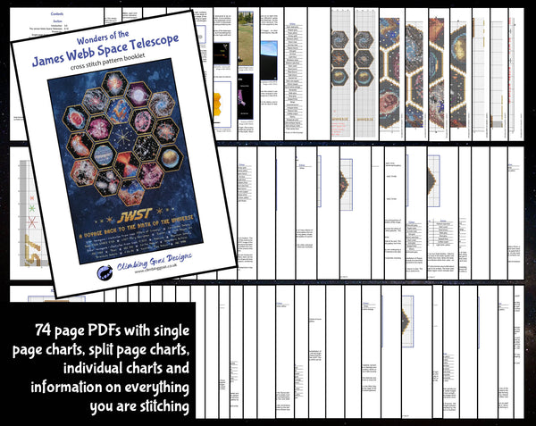 Wonders of the James Webb Space Telescope cross stitch pattern. 74 page PDFs with single page charts, split page charts, individual charts and information on everything you are stitching.