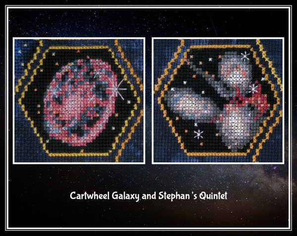 Wonders of the James Webb Space Telescope cross stitch pattern. Close up of images of Cartwheel Galaxy and Stephan's Quintet.