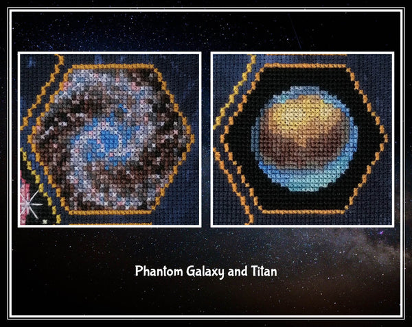 Wonders of the James Webb Space Telescope cross stitch pattern. Close up of images of Phantom Galaxy and Titan.