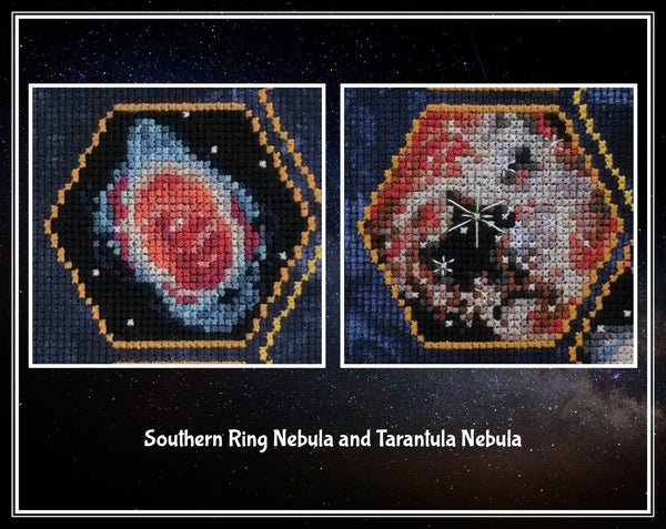 Wonders of the James Webb Space Telescope cross stitch pattern. Close up of images of Southern Ring Nebula and Tarantula Nebula.