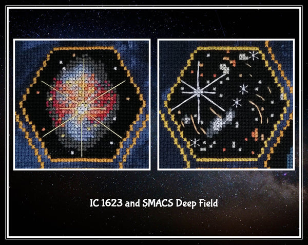 Wonders of the James Webb Space Telescope cross stitch pattern. Close up of images of IC1623 and SMACS Deep Field.